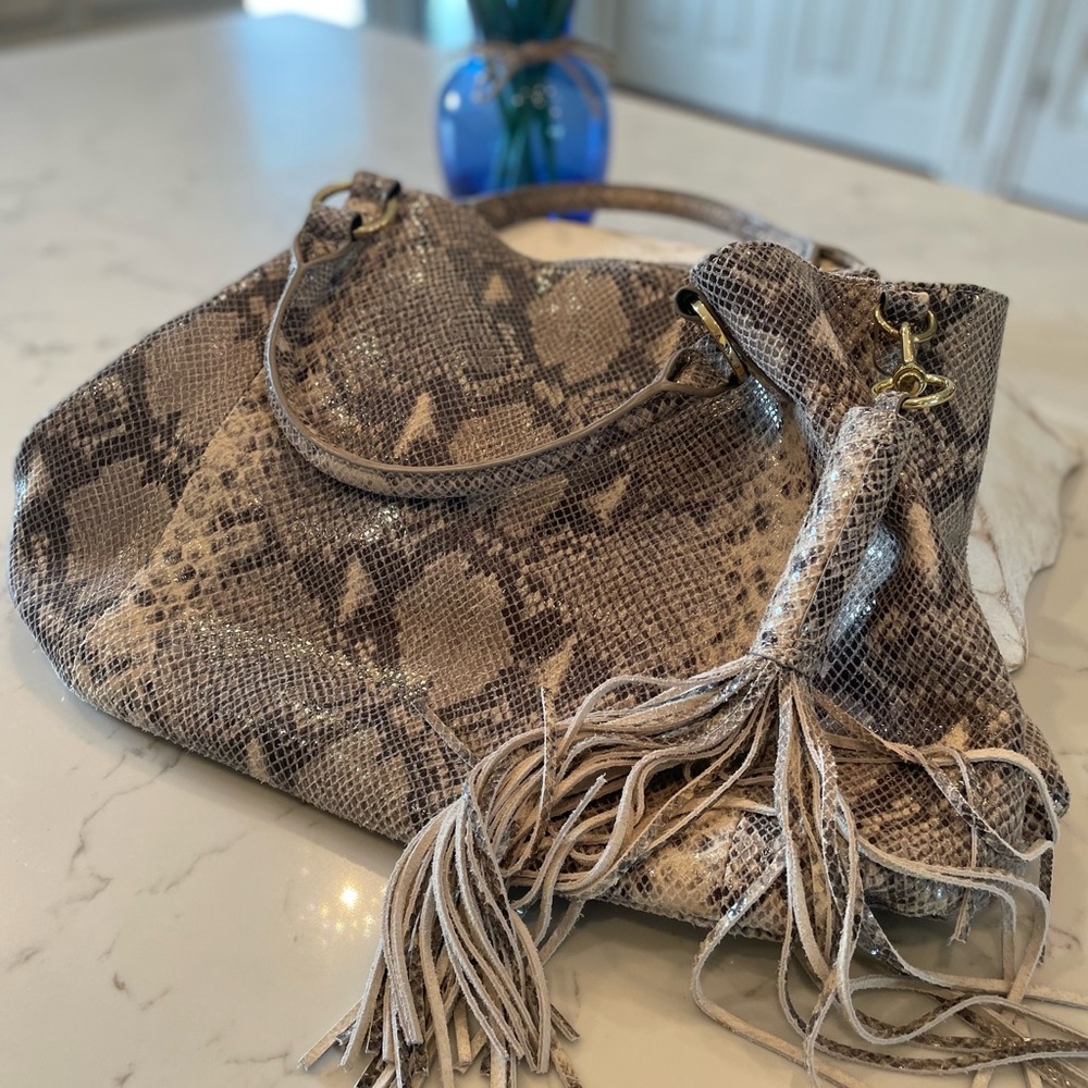 G.I.L.I. Python Snake Print Leather Hobo Bag Gold… - image 1